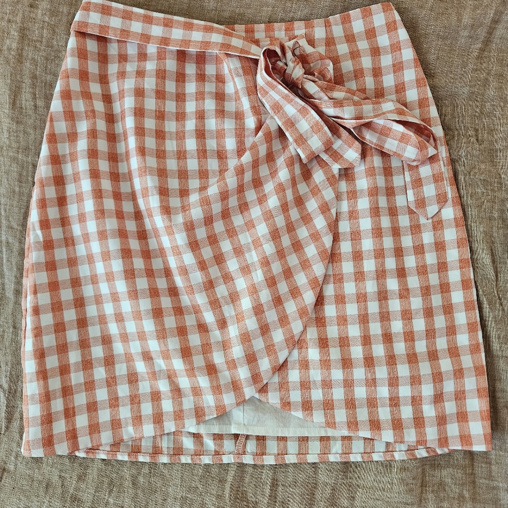 Sabo Skirt "Cara" Peach Gingham Wrap Mini Skirt Size S - Picture 2 of 7
